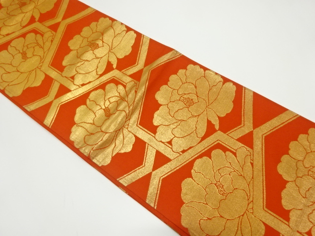 アンティーク着物 ] - 袋帯 アンティーク 亀甲に牡丹模様織り出し袋帯